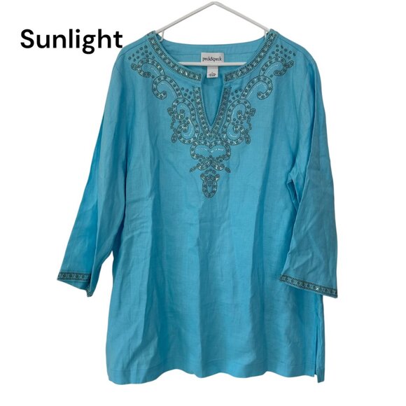 Peck & Peck Blue Embroidered Linen Tunic Top 3/4 Sleeves & Split Neckline-SZ XL - Picture 1 of 12